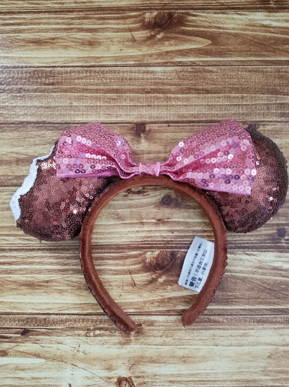Disney Parks Sequin Minnie Mouse Ears Headband Ice Cream Bar Brown Pink Bow